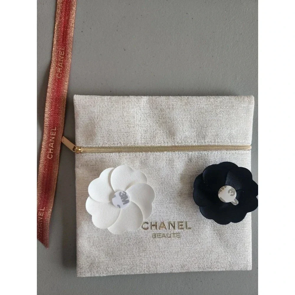 NEW CHANEL Makeup Bag Pouch Camellia Flower Glittered Ribbon Beige